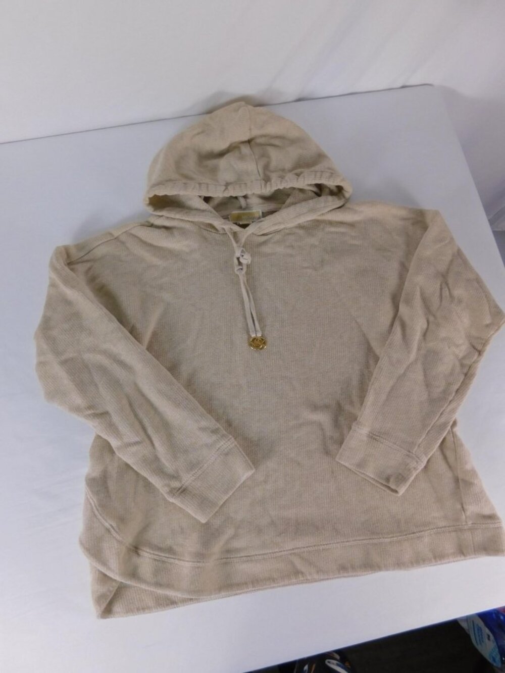 MICHAEL Michael Kors Sweater Womens XL Beige Waffle Knit Hooded V Neck Logo